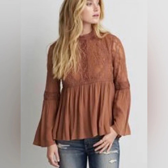 American Eagle Boho Shirt Top. Lace Bell Sleeves. Coquette Romantic. Small - Picture 10 of 10